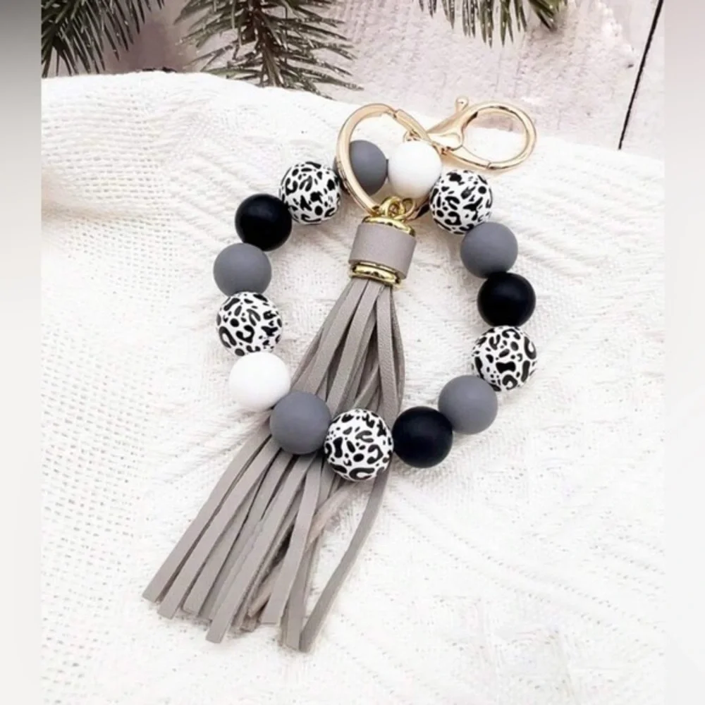 ✨NEW✨Leopard Print Tassel Keychain Bracelet - Gray, Black, White